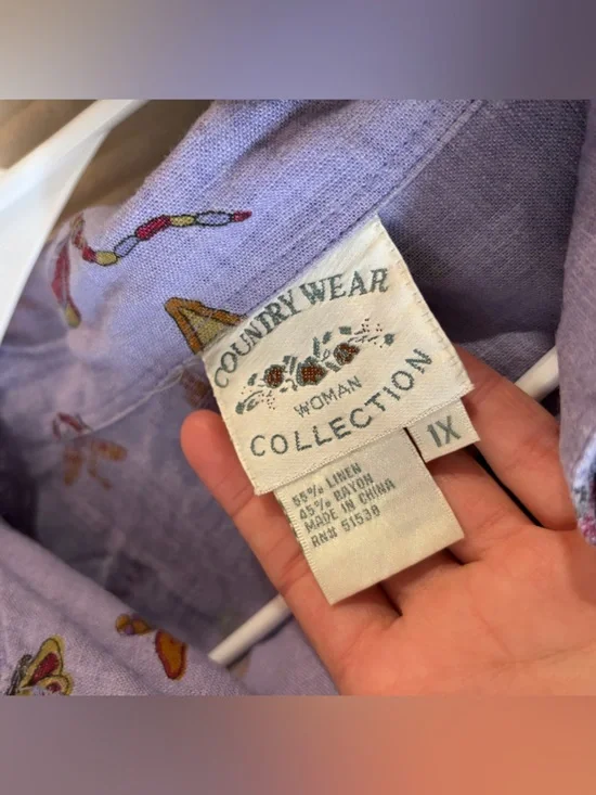 Vintage Purple Linen Blend Bug Patterned Button Up - Picture 3 of 13